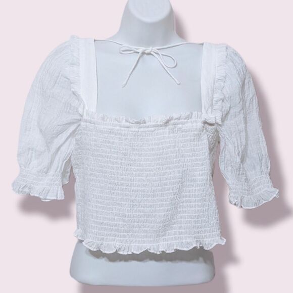 H&m puff sleeves smocked white peasant blouse Medium @K1 - Picture 1 of 11
